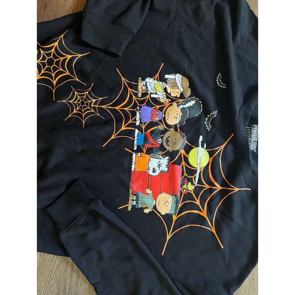 Peanuts Halloween Sweatshirt S Snoopy Charlie Brown Spiderweb Black Orange - Picture 2 of 6